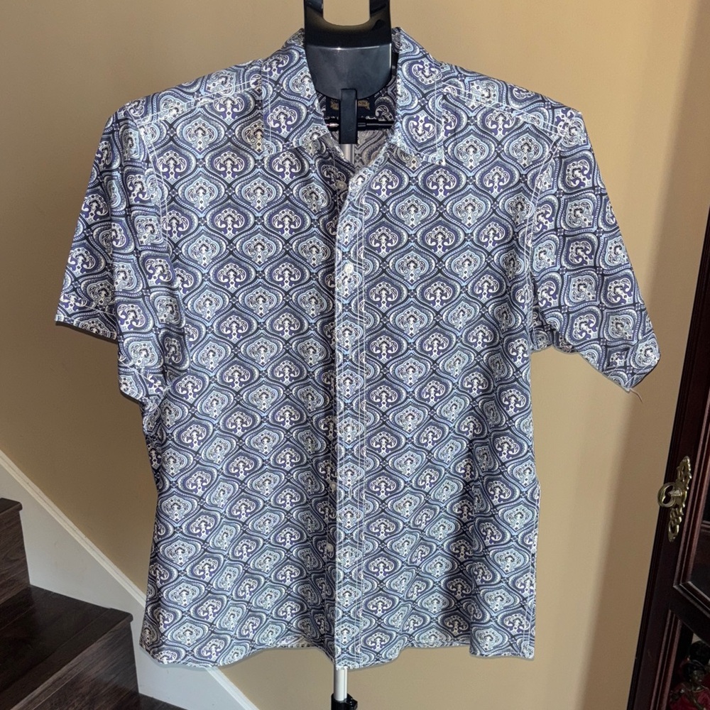 Men's Blue Patterned Short Sleeve Shirt